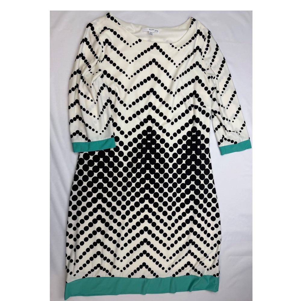 Studio One New York Polka Dot Chevron Shift Dress Green Trim Black White Medium